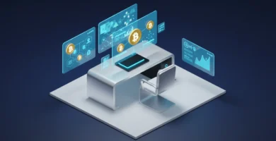 Ilustración isométrica 3D de educación financiera digital y tecnología blockchain con símbolos de Bitcoin que emulan un curso de criptomonedas