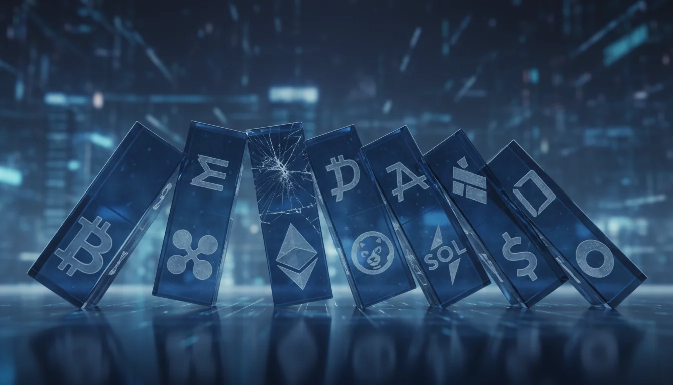 Monolitos de cristal cayendo como dominós simbolizando la crisis sistémica en el sector cripto.