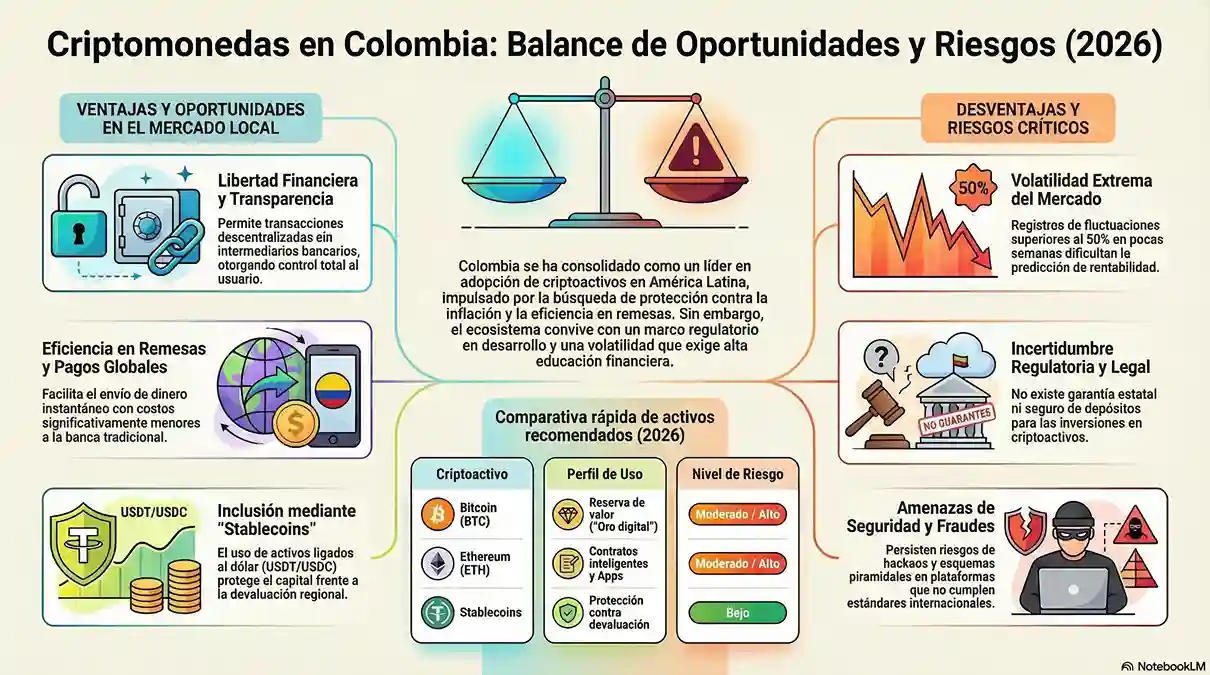 infografia ventajas y desventajas de las criptomonedas en Colombia