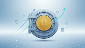 Gold Bitcoin coin in front of a modern bank vault with rising financial charts.