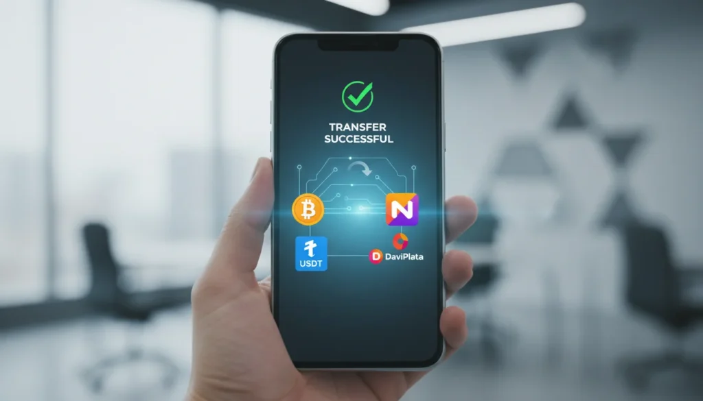 Transacción exitosa de criptomonedas integrada con billeteras digitales colombianas.
