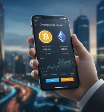 Smartphone con app de criptomonedas frente al distrito financiero de Bogotá.