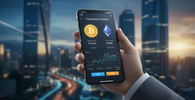Smartphone con app de criptomonedas frente al distrito financiero de Bogotá.