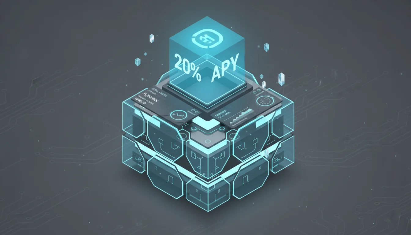Bóveda digital con holograma de 20 por ciento de rendimiento anual en criptomonedas.
