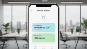 Digital wallet on a smartphone showing COPW and USDC balances in a modern setting.