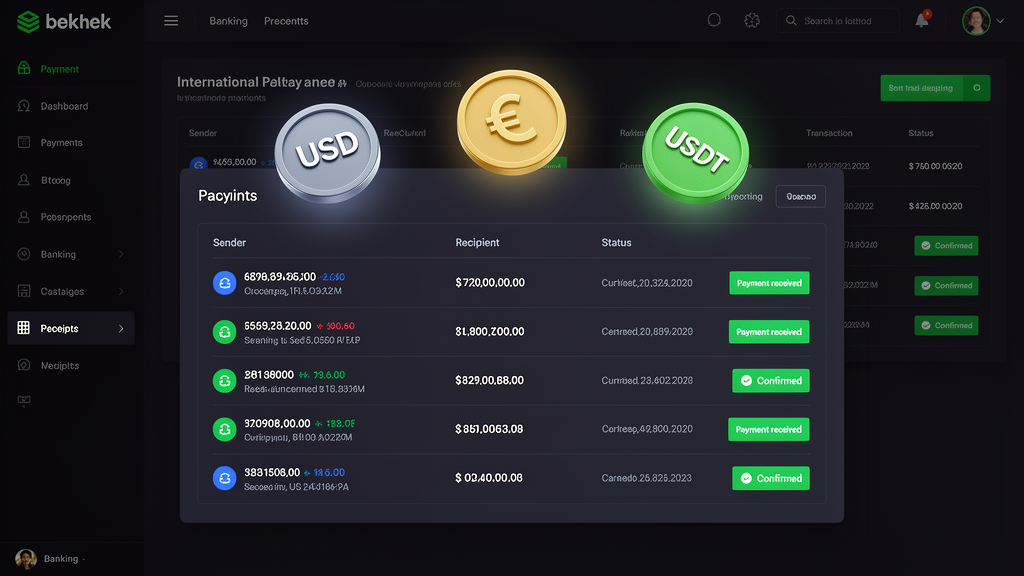 Dashboard de cobros internacionales en USD EUR y USDT para empresas