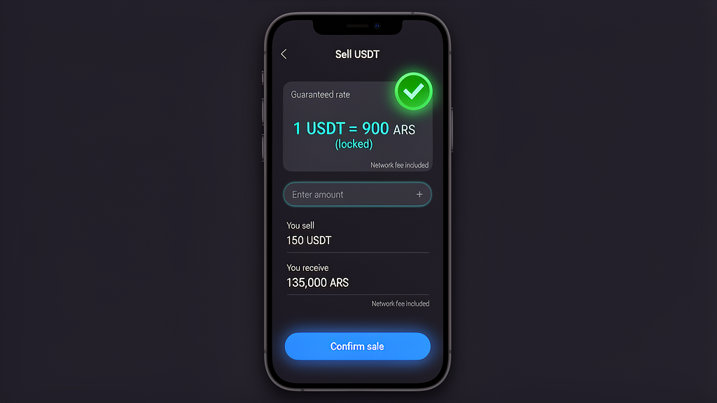 Pantalla de confirmación de venta de USDT en Fluyez mostrando precio garantizado antes de ejecutar