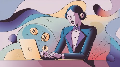 ilustracion de un personaje humanoide con traje colorido viendo su pc con sorpresa por ganar criptomedas gratis en 2024. ilustracion generada con ia