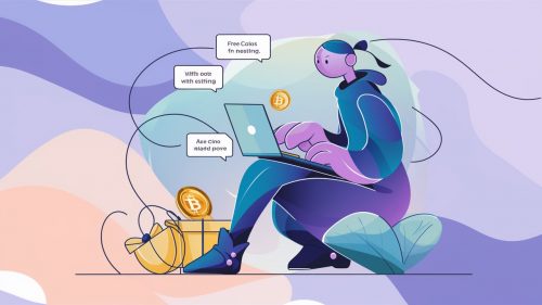 personaje humaniode buscando en su laptop como ganar criptomonedas gratis 2024. Ilustracion generada con ia