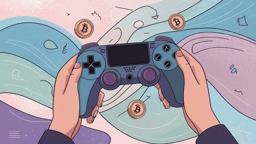 ilustracion vectorial de unas manos sosteniendo el mando de un consola de video juegos y al rededor flotan tokens de criptomonedas, el fondo es abstracto con colores pasteles. Ilustarción generada con ia