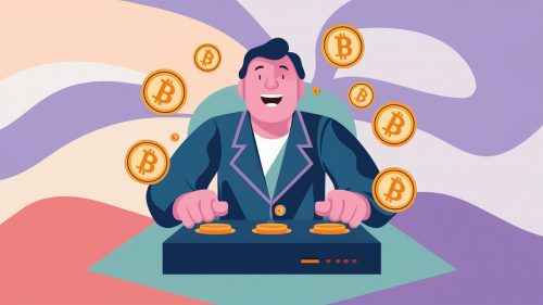 ilustracion vectorial de un personaje humanoide con traje presionando botones y recibiendo un airdrop de criptomonedas gratis en 2024. La ilustración tiene colores pasteles y vibrantes que le dan una sensacion de alegria y paz, imagen generada con ia