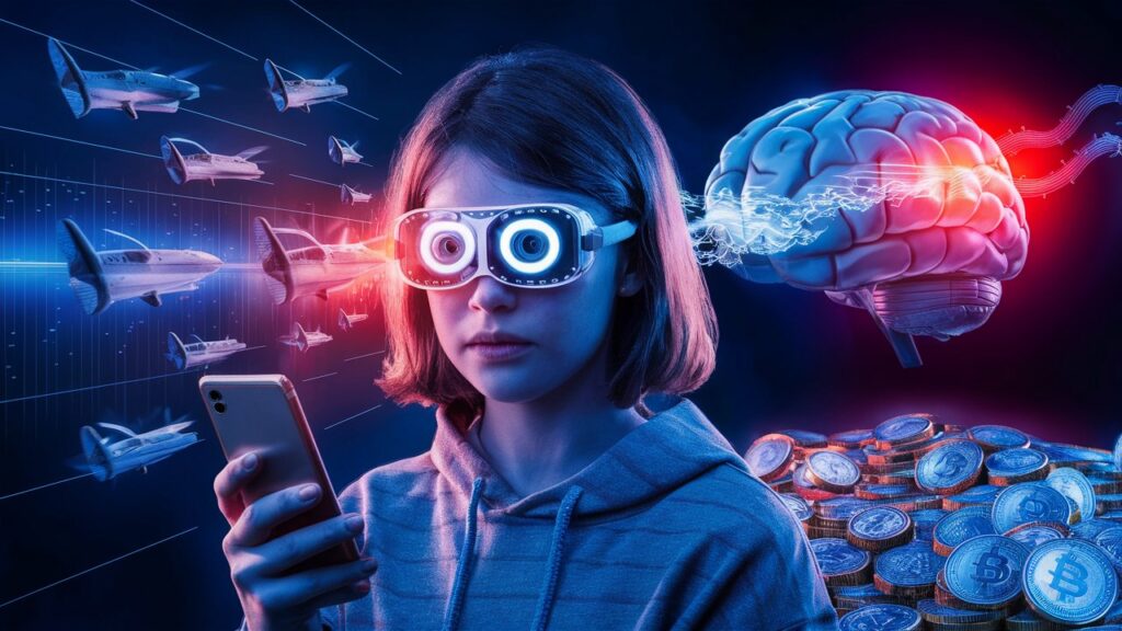 collage digital de una niña con gafas futurista sosteniendo su celular en el fondo aviones vuelan en direccion a un cerebro que flota sobre tokens de basic attention. ilustracion generada con ia