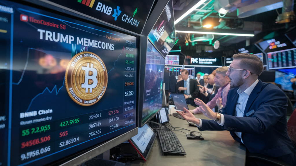 Fotografía generada con ia de una oficina de trading donde las computadoras muestran las estadisticas y tendencias de la memecoins de Trump en BNB Chain