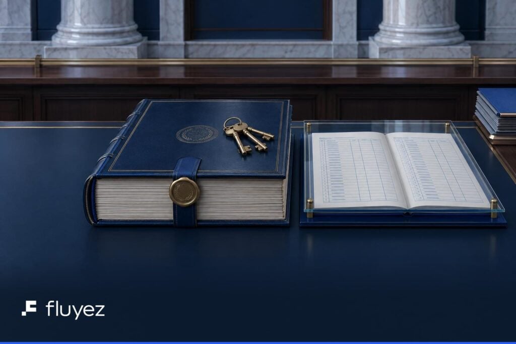 Dos libros de registro financiero abiertos; uno central y otro lateral con asientos copiados bajo vidrio.