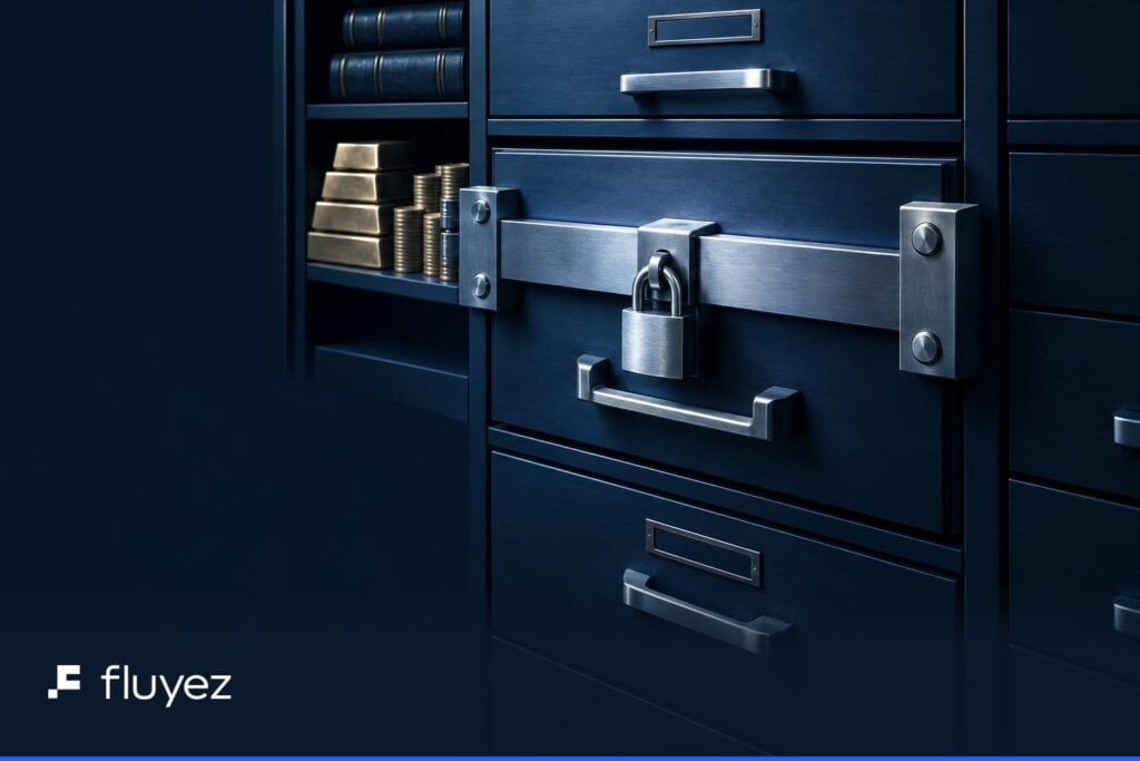Un cajón de tesorería sellado con una barra metálica dentro de un mueble de resguardo