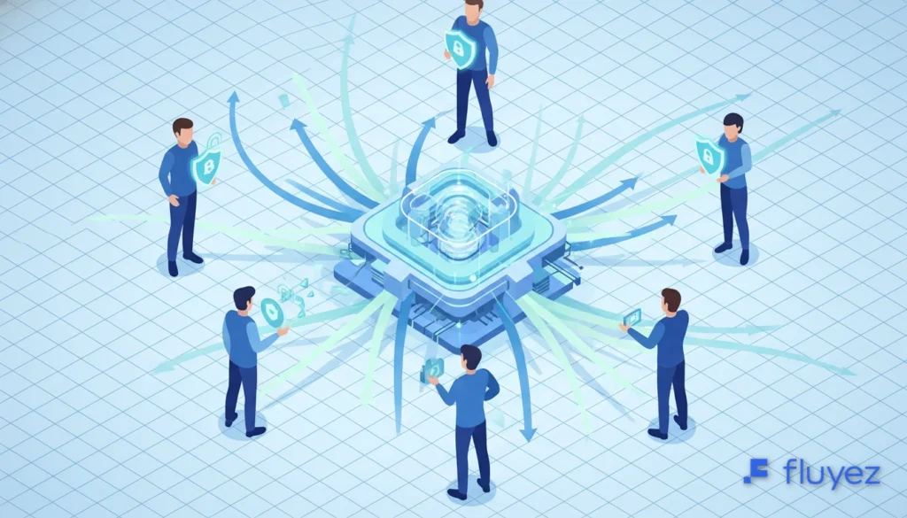 Ilustración isométrica de personas mezclando transacciones Bitcoin con CoinJoin para mayor privacidad, mostrando flujos de datos compartidos